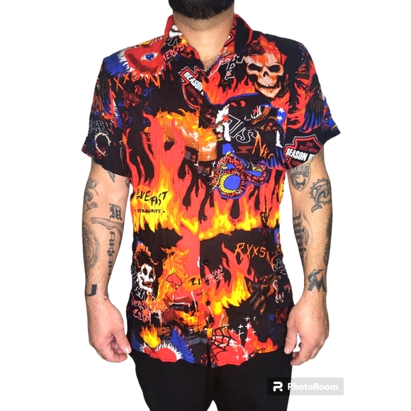 Reason Other - Flames Skull Graffiti Button Up shirt